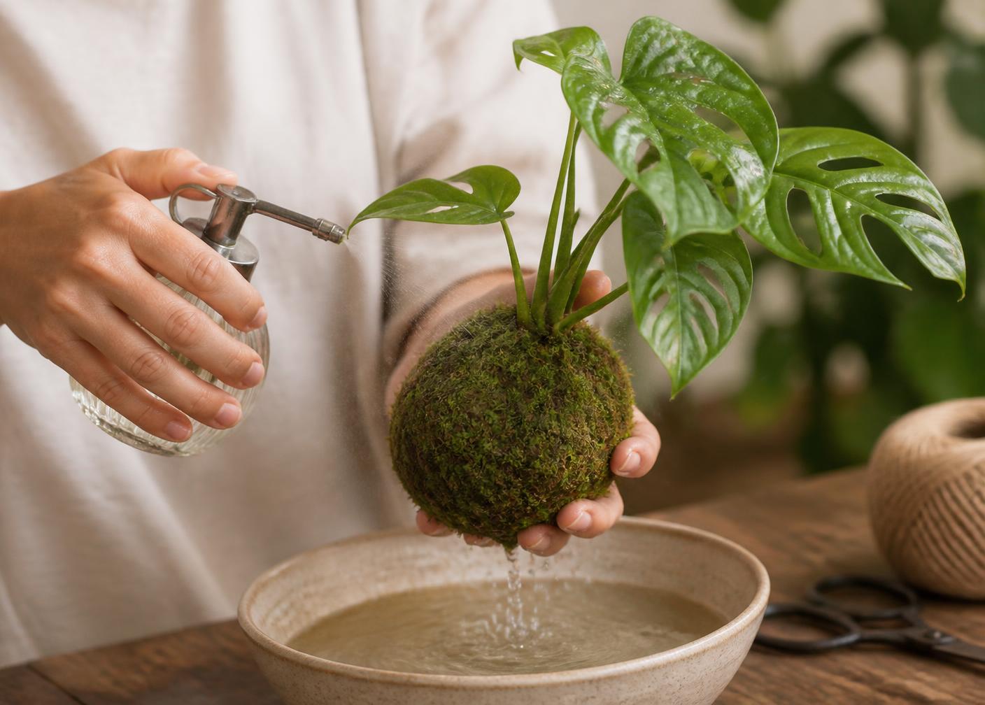 Misting a moss ball kokedama over a shallow bowl of water